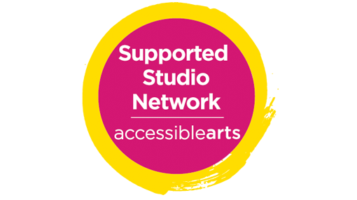 suppported studio network logo pink circle with yellow outer swish and white text