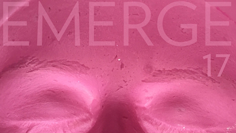 Pink image of a person's eyes with the words Emerge 2017