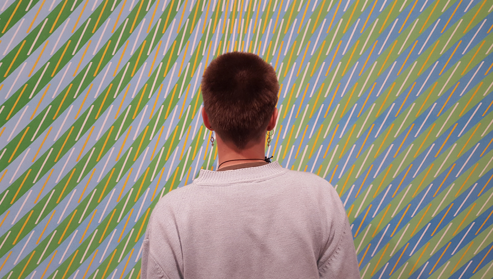 Panel: A person, with their back to the camera, is looking at a wall with a graphic. Photo by Justine Cogan