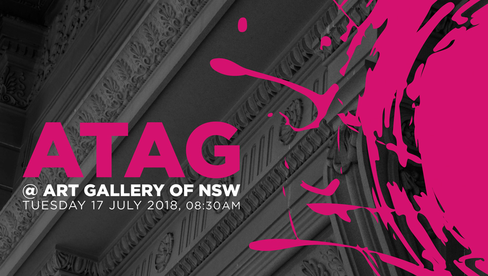 Accessing: Photo of building moldings with text: ATAG at Art Gallery of NSW on Tuesday 17 July