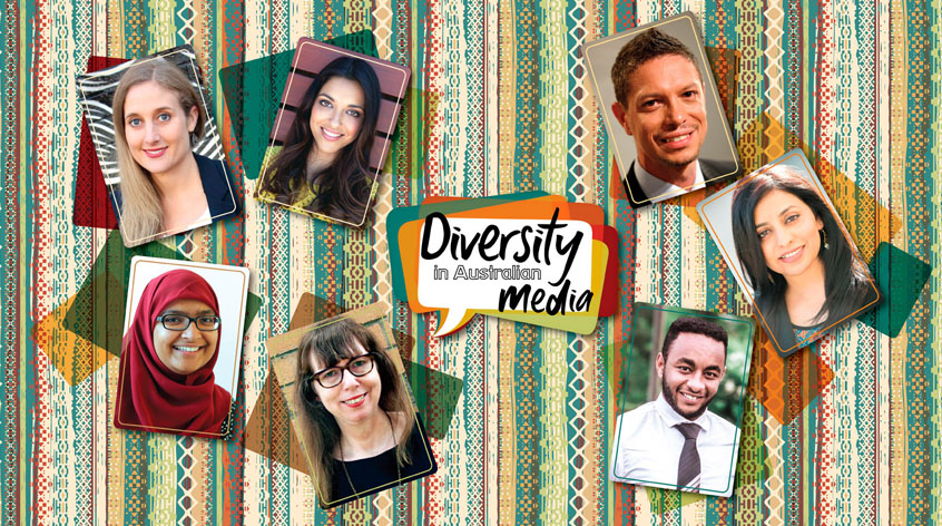 Thumbnail photos of 7 men and women are presented on a patterned background. A thought bubble says Diversity in Australian Media
