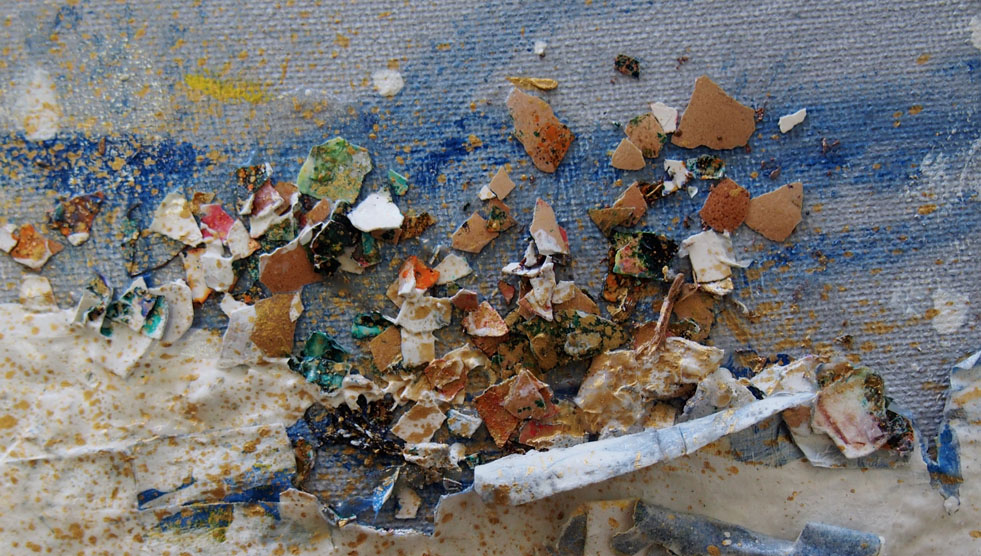 Susan Oxenham: A square mixed media artwork in shades of blue and neutral colours