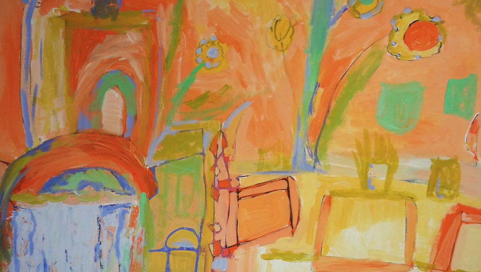 Collaborative art exhibition: An abstract artwork with a garden theme in shades of yellows and oranges