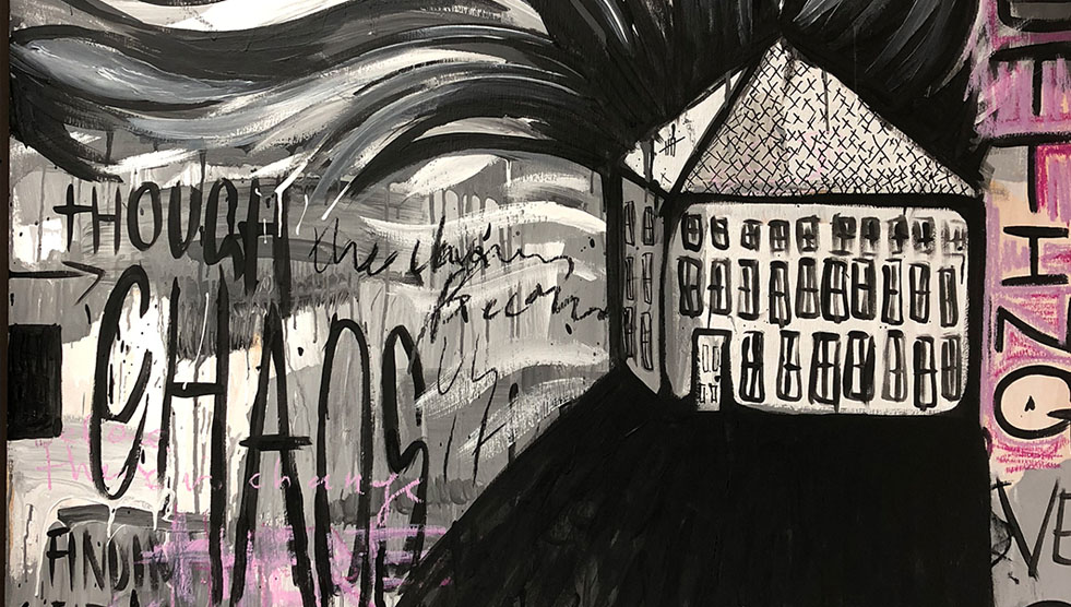 Into the Light: an abstract artwork in shades of black, white and pink. A house on a road appears to be in flames
