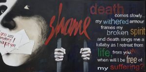 Susanne Zapatero: an artwork with a black background featuring a face with a covered mouth, the word 'shame' in large lettering and other words in smaller lettering