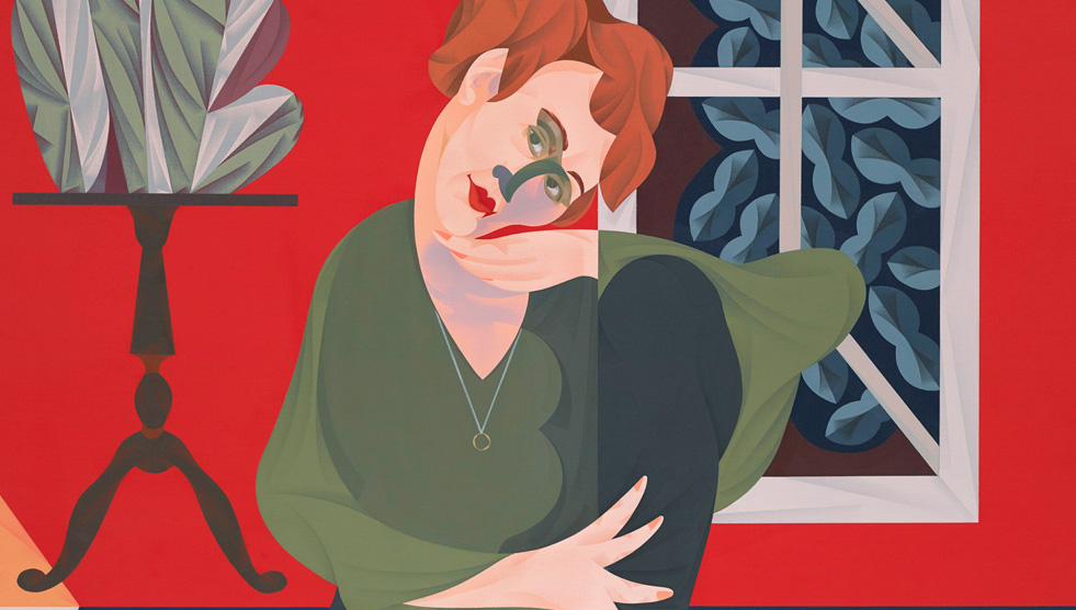 Winning portrait Agatha Gothe-Snape by Mitch Cairns - Agatha sits on the floor holding a hand to her chin against a bright red wall, window and plant
