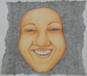 Ugly: an artwork of ink on paper featuring a smiling face on a grey background