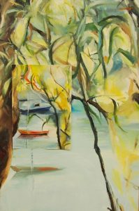 Ugly: an artwork featuring trees with leaves, water and boats