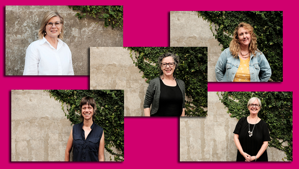 Individual photos of five people standing against a stone wall with a vine growing on it. Photos by Susan Wright