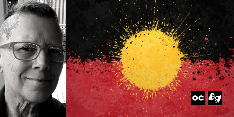On the left side is a black and white headhost of a woman wearing glasses. On the right side there is stylised painting of the Aboriginal flag.